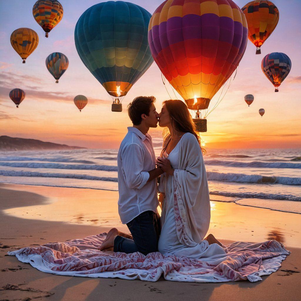 A romantic setting with a couple sharing a passionate kiss illuminated by candlelight, surrounded by whimsical adventures like hot air balloons and beach sunsets. Include elements that symbolize intimacy and connection like intertwined hands and soft blankets. The background should be dreamy and ethereal, enhancing the mood of love and adventure. pastel colors. painting.