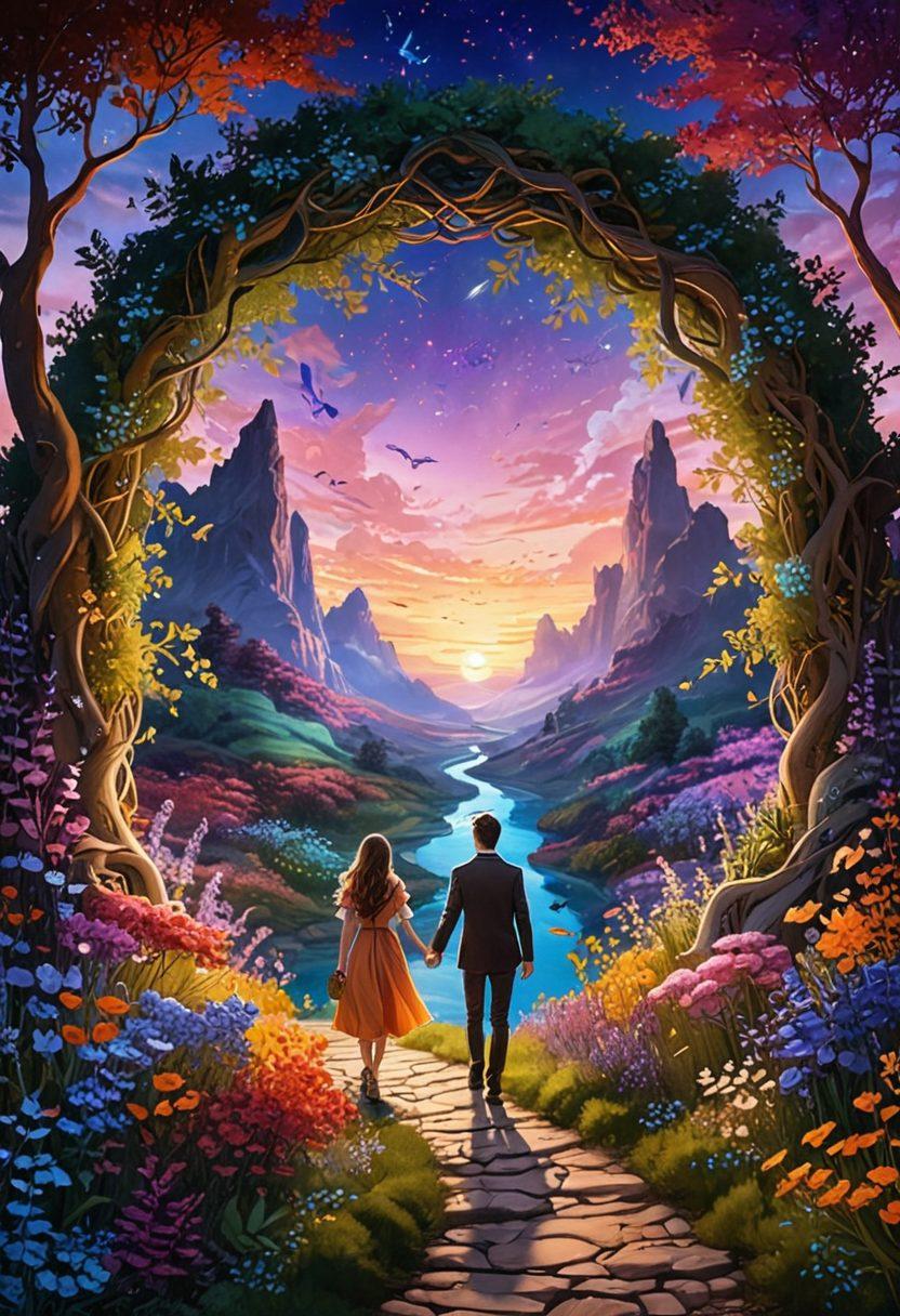 A dream-like landscape merging a whimsical fantasy world with elements of reality, showcasing a couple standing hand-in-hand on a vibrant path filled with glowing flowers, where magical creatures play in the background. Soft, warm colors radiate an inviting atmosphere, highlighting themes of love, empowerment, and adventure. The sky transitions from a magical twilight to a bright morning, symbolizing transformation and hope. surrealistic. vibrant colors. fantasy art.