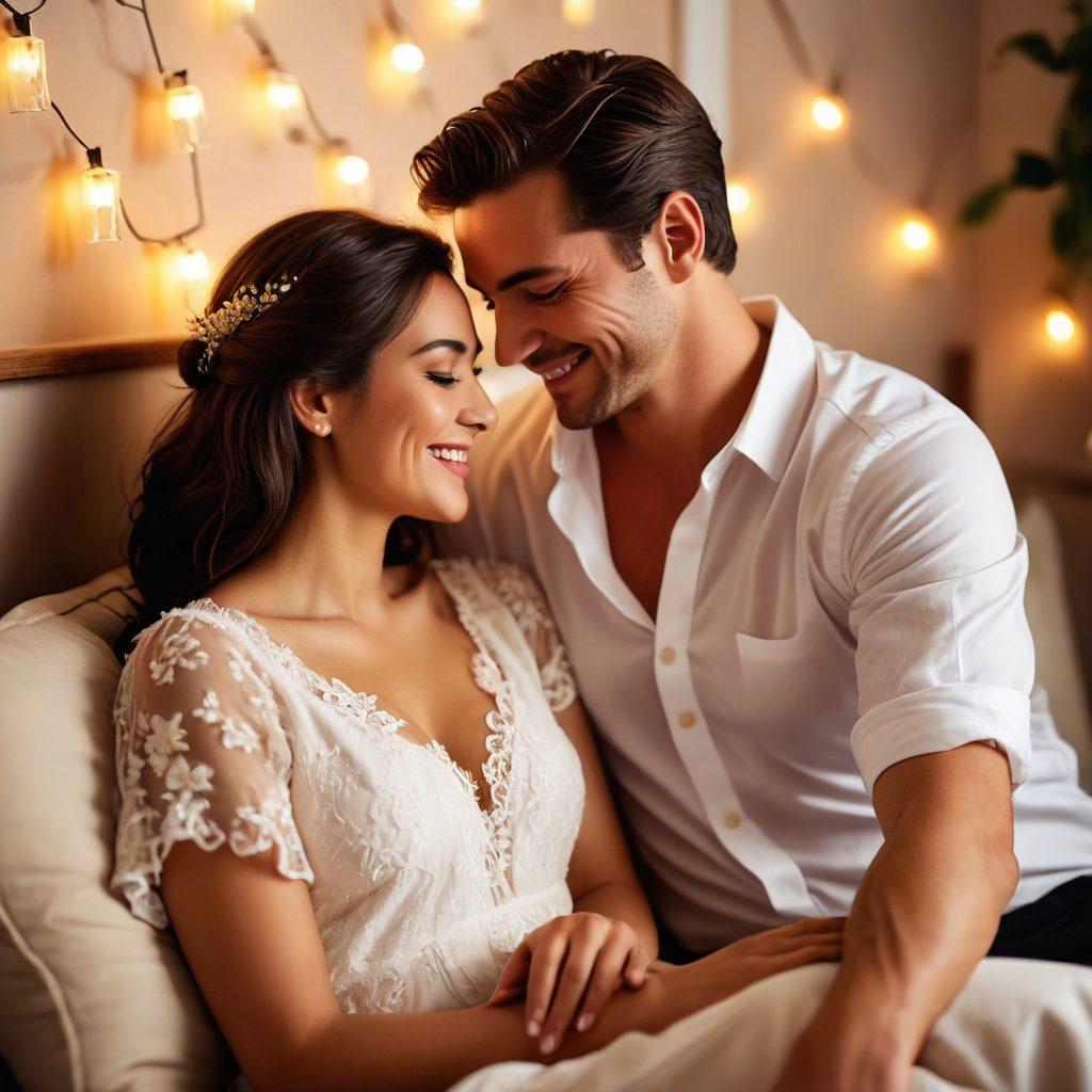 A cozy candlelit room filled with soft, romantic lighting, featuring a couple sharing an intimate moment over a glass of wine, surrounded by scented candles and plush cushions. The atmosphere is warm and inviting, with soft floral arrangements in the background and a glow of twinkling fairy lights. The couple is smiling, capturing the essence of emotional intimacy and desire. super-realistic. warm tones. soft focus.